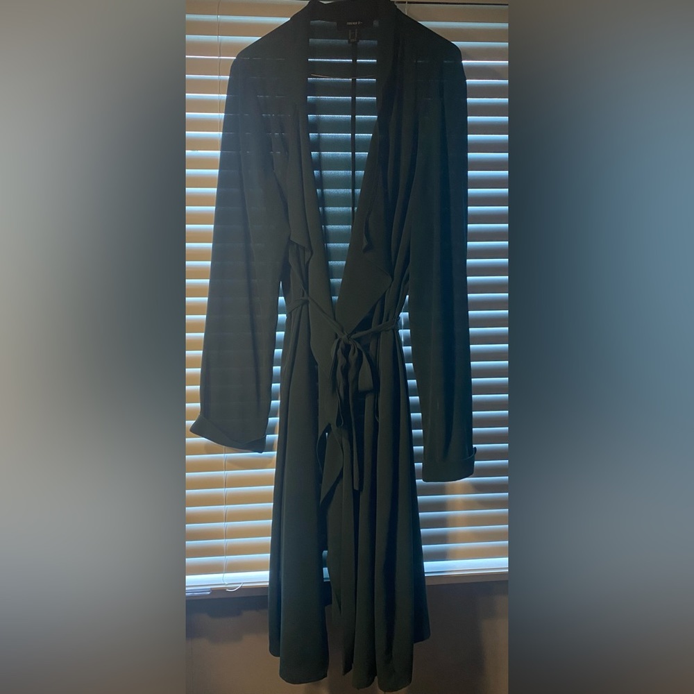 Forever 21 long belted dark green overcoat - very light